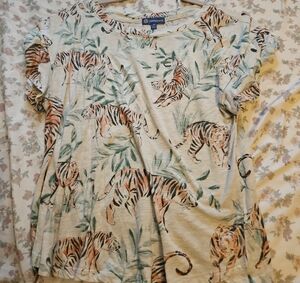 Democracy Cream Short Sleeve Tiger Print Tee with Orange Accents